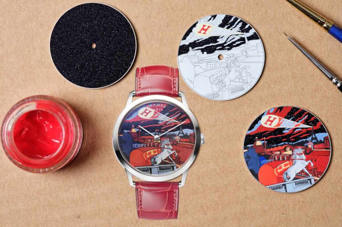 「Slim d' Hermès Minuit au Faubourg 」工藝腕錶上的每個面盤都是獨一無二，皆為完全手工打造