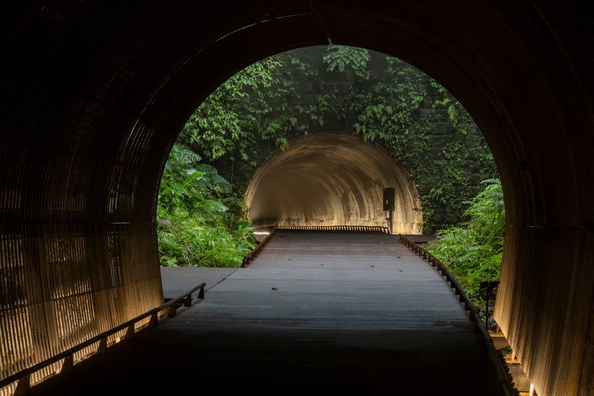 三貂嶺生態友善隧道 時空暗線 三貂嶺生態友善隧道燈光避免干擾棲息於隧道拱頂蝙蝠,採壁面反射間接照明,保留多樣生物棲息之環境,維持環境永續性