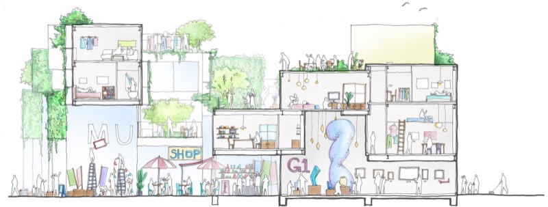 平田晃久設計手稿:Maebashi Galleria剖面圖 sketch