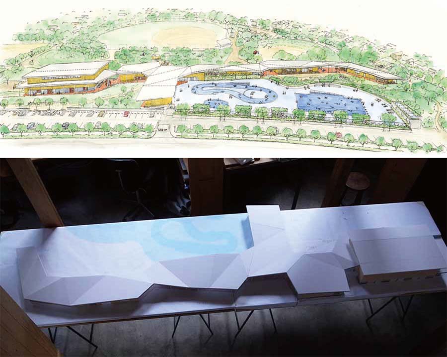 上:整座建築的草圖,以及連接六座建築的屋頂。<br>
下:整個屋頂的模型。 屋頂摺疊起伏,與起伏的土地融為一體。