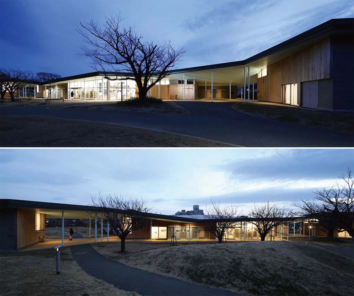 傍晚時分的建築外觀:建築兩翼之間的屋頂空間被命名為「小徑廣場」,小徑廣場不僅是一個活動場所,也是一個自由活動的公共空間