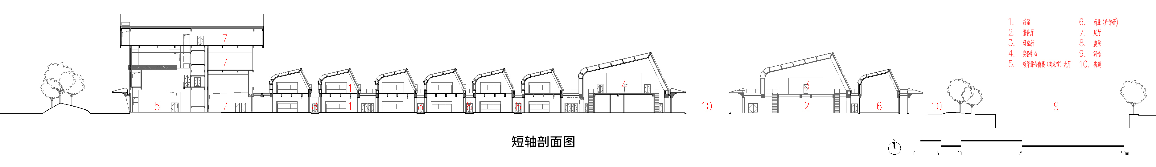 中國美術學院良渚校區一期 張永和 非常建築 教學樓短軸剖面圖  ©非常建築