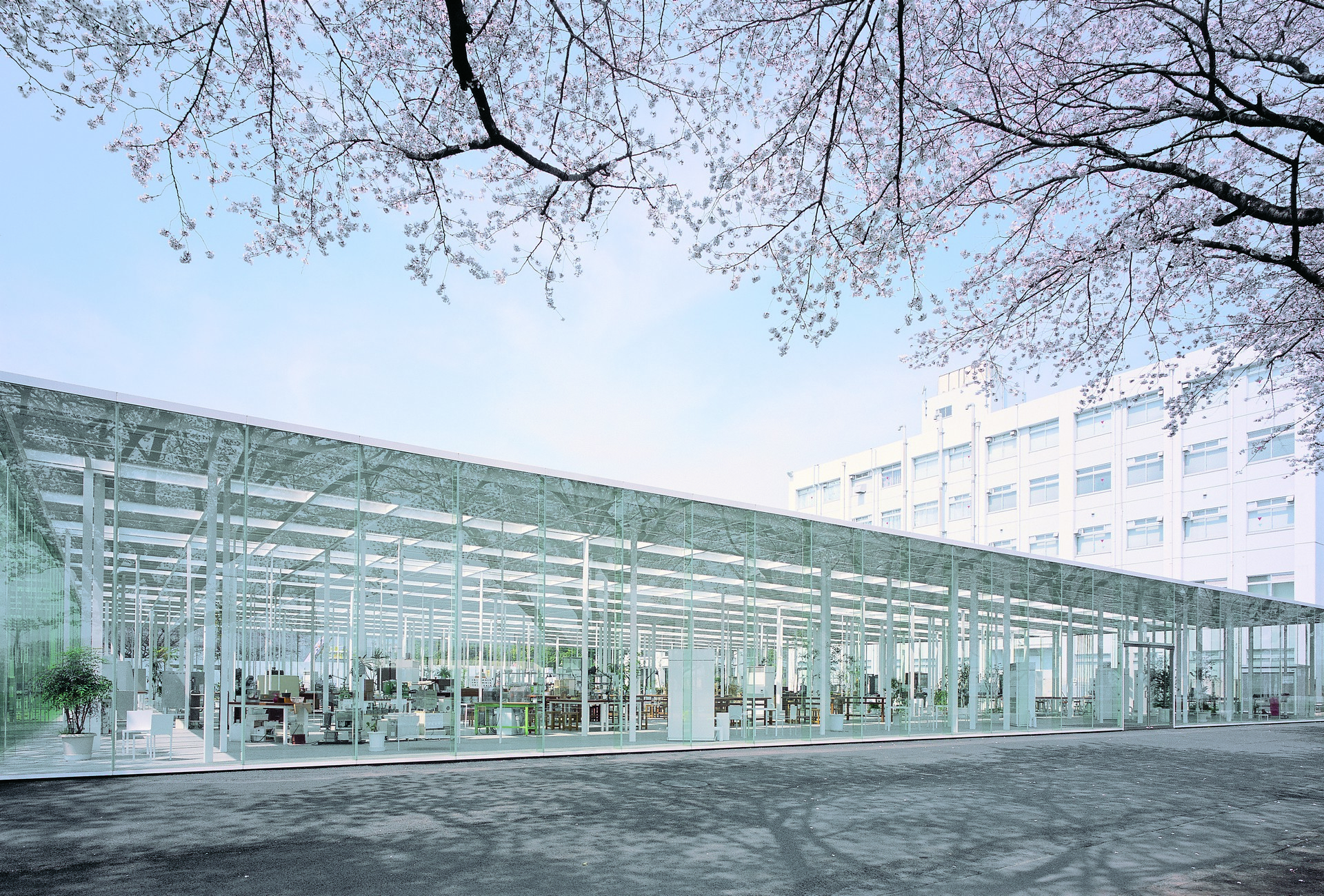 在春天的神柰川工科大學，石上純也設計的KAIT工房猶如一片透明森林，靜靜佇立於櫻花之下。其獨特的玻璃結構與305根纖細鋼柱交織成無牆的開放空間，既是學生的創作天地，也是自然美景的優雅框架。這裡，四季變換、光影流轉，學子們在此追求創意與實踐夢想，而建築本身，就是最富靈感的藝術品