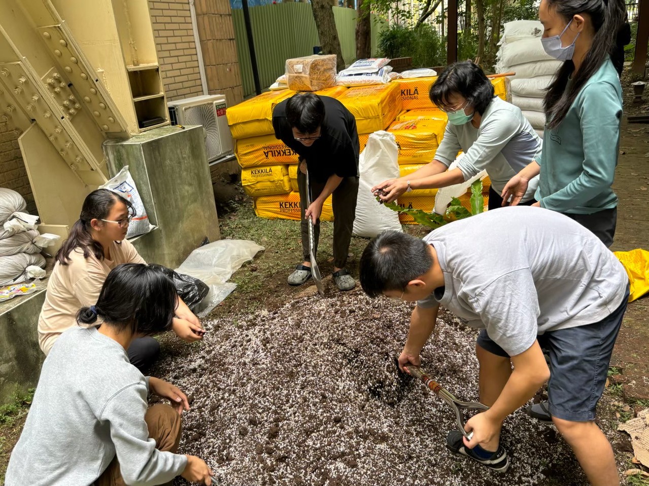 北科大建築系學生學習拌土,讓珍貴的蕨類植物在校園茂盛生長。 北科大/提供