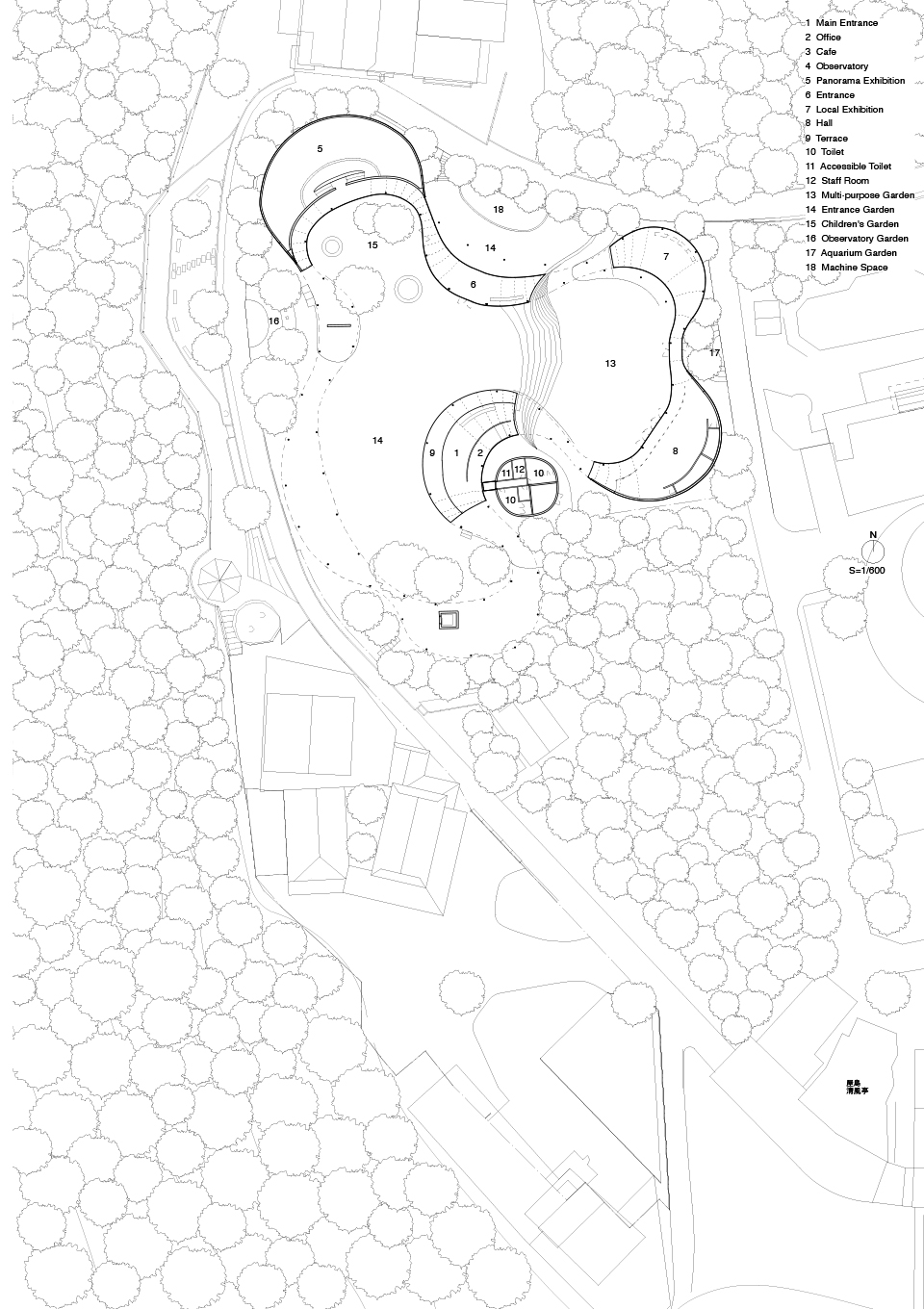地面層層平面圖，ground floor plan © SUO + Style-A 周防貴之 日本四國建築 高松市屋島山上やしまーる瞭望台