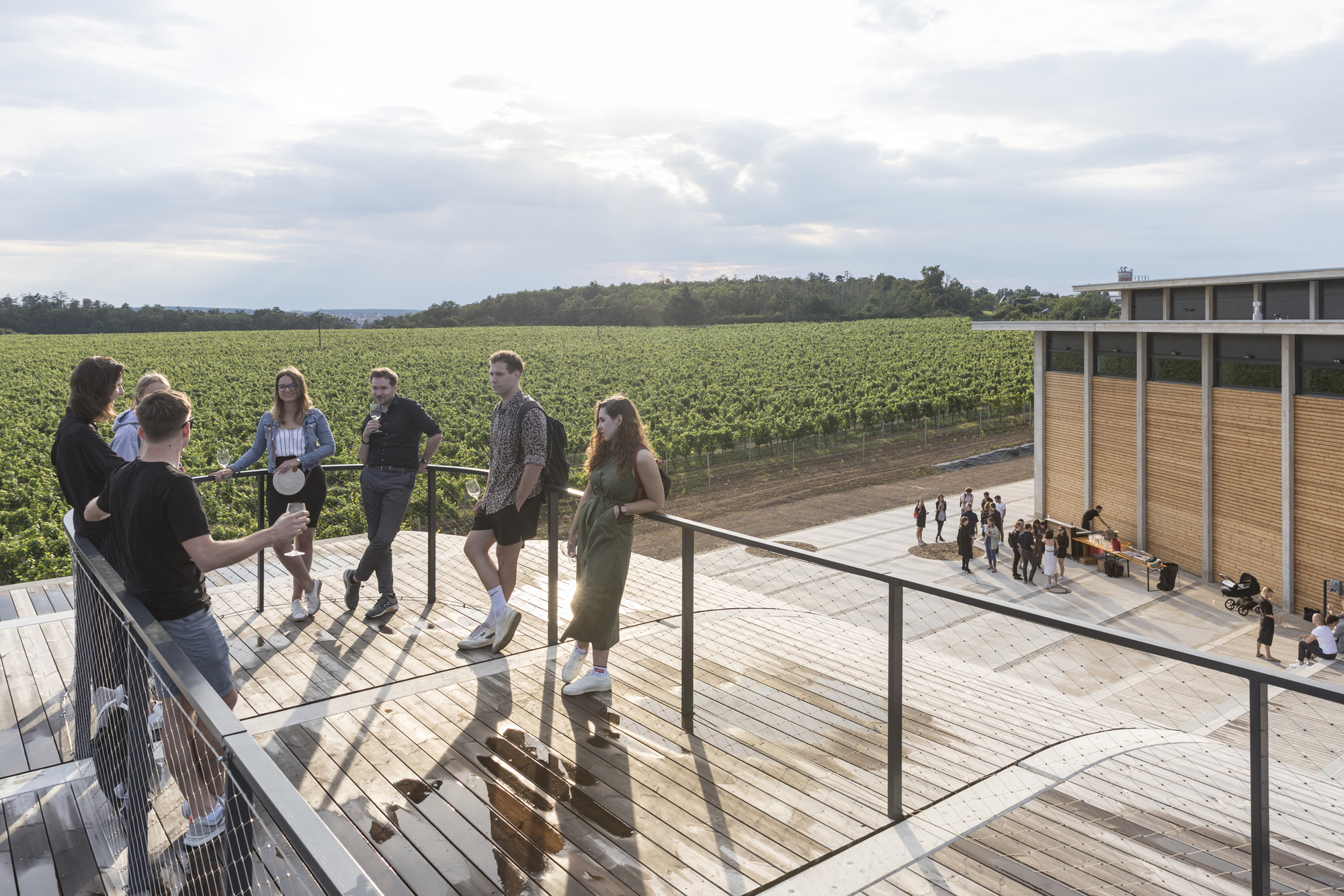 捷克酒莊 Lahofer Winery拉霍費爾酒莊最具特色的設計之一是其多功能屋頂。這個波浪形的屋頂不僅是建築的一部分，更是一個露天劇場和社區文化中心