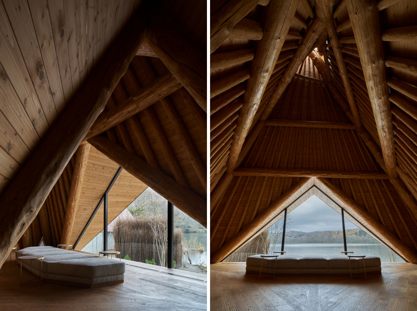 「△湯」是中村拓志以愛努族的獵人小屋為靈感設計的三角形建築，內部充滿了三角形元素，極具特色