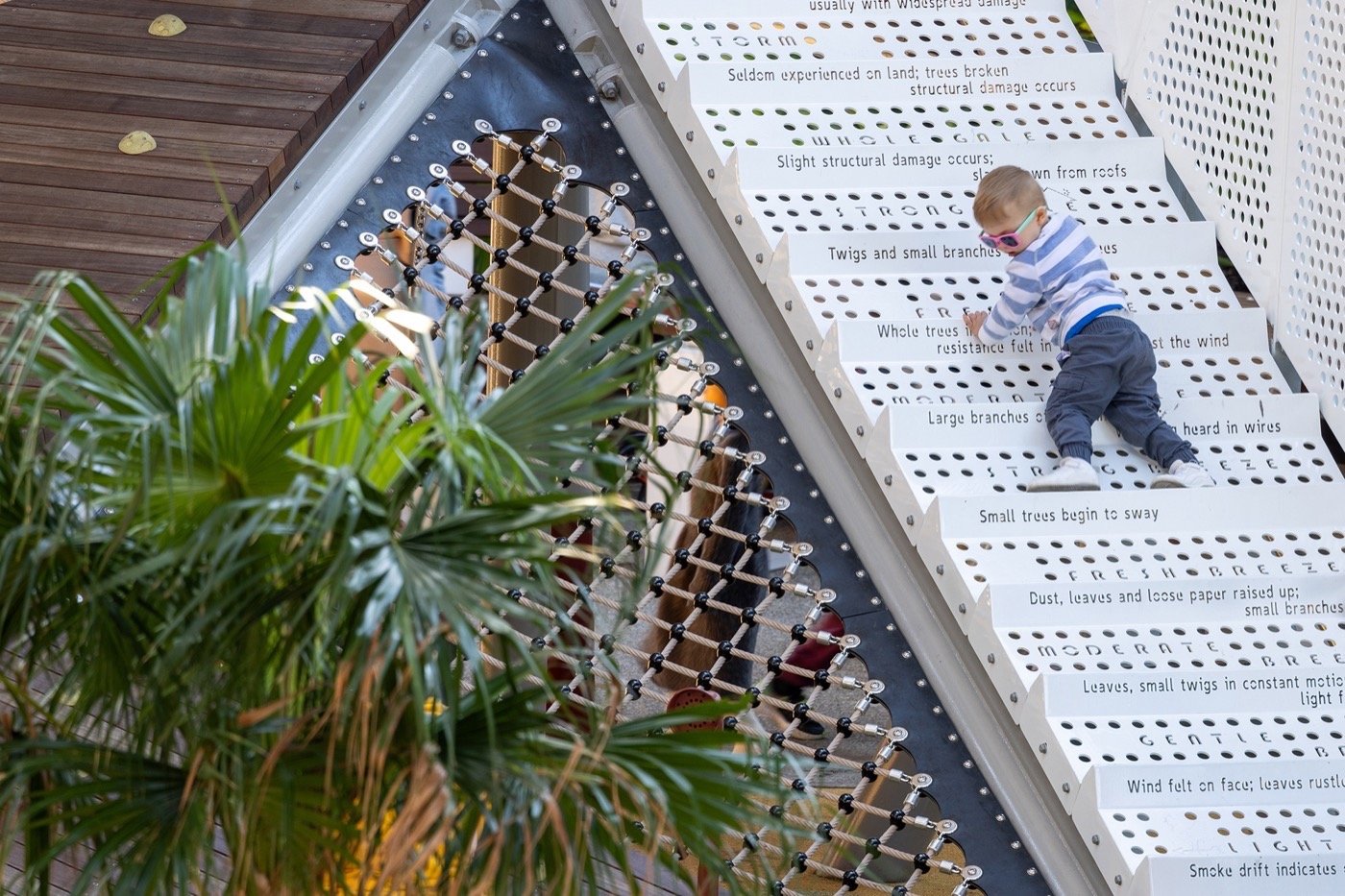 Darling Harbour Playground 雪梨達令港兒童遊戲場 溜滑梯 景觀設計 Aspect Studios  在達令港遊樂場的設計中，結合了創新的互動元素與教育功能，像是圖片中的爬梯設計。每階文字展示風速與自然現象的對應資訊，讓孩子透過遊戲學習科學知識。同時，周邊植栽和結構設計提供安全且有趣的環境，成為家庭與孩子們探索自然與城市之間連結的理想場所