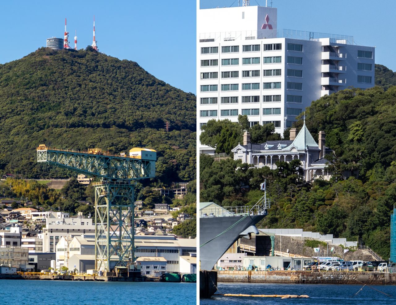 左：高達62公尺的「巨型懸臂吊（Giant Cantilever Crane）」；右：位於高處的「占勝閣」，其名稱意為能盡攬長崎港景色的西式建築