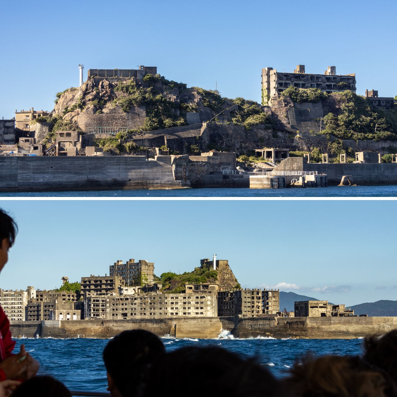 上：右側前方為船隻停靠設施，山丘上的白色燈塔是在島無人化後建造的；下：護岸經受外海狂濤侵蝕，部分舊石砌已暴露出來