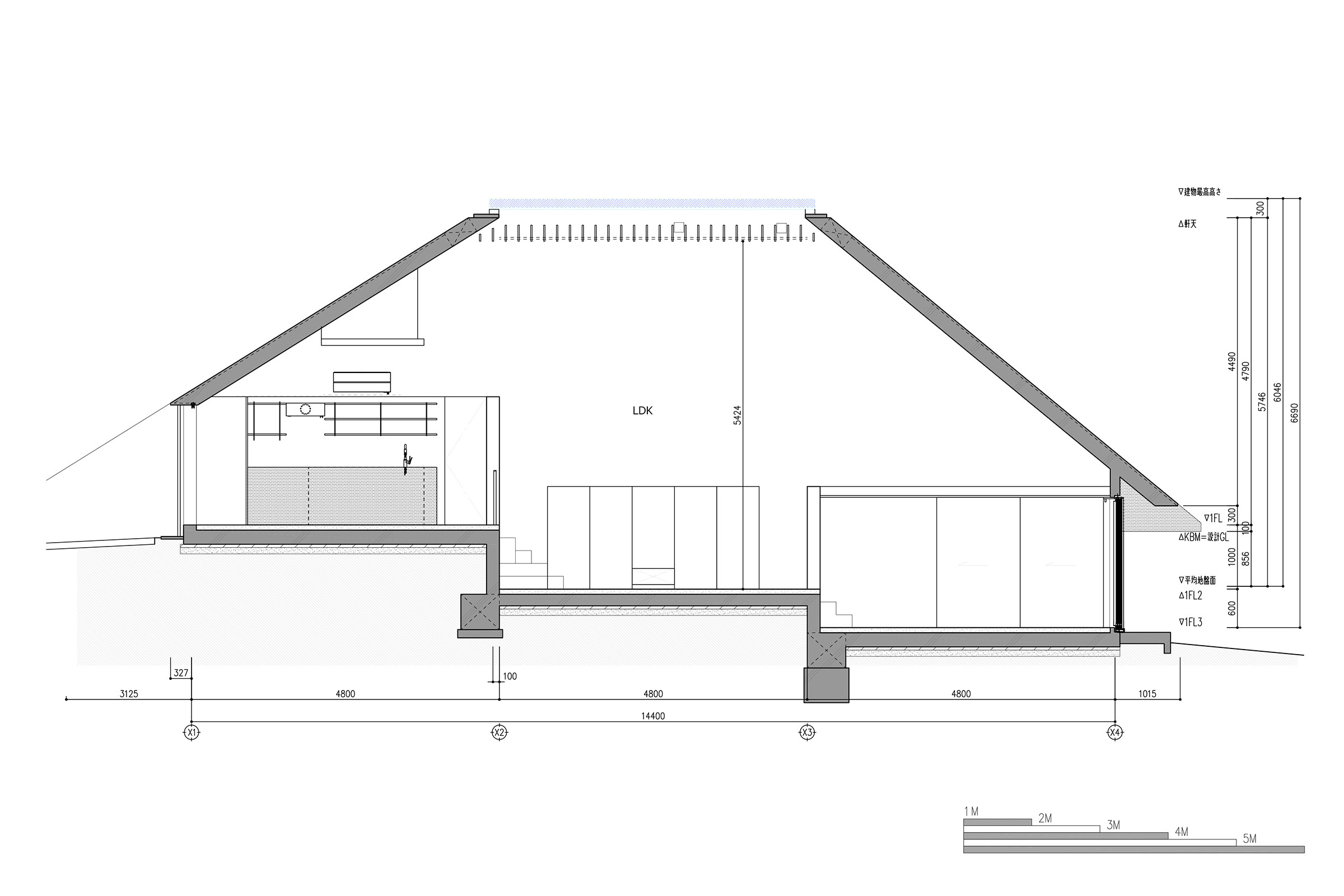 剖面圖 Section ピラミッドハット 五十嵐理人 IGArchitects 日本沖繩 私人住宅 金字塔小屋