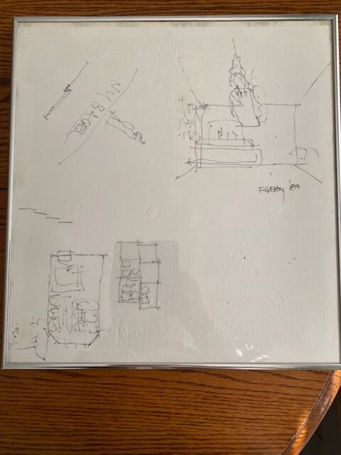 Frank Gehry’s napkin sketch of New York Bagel Co. 法蘭克·蓋瑞(Frank O. Gehry)為 New York Bagel Co. 餐廳設計的草圖最先畫在餐巾紙上(圖片來源:Patra Kittichanthira與Ted Cichowski)