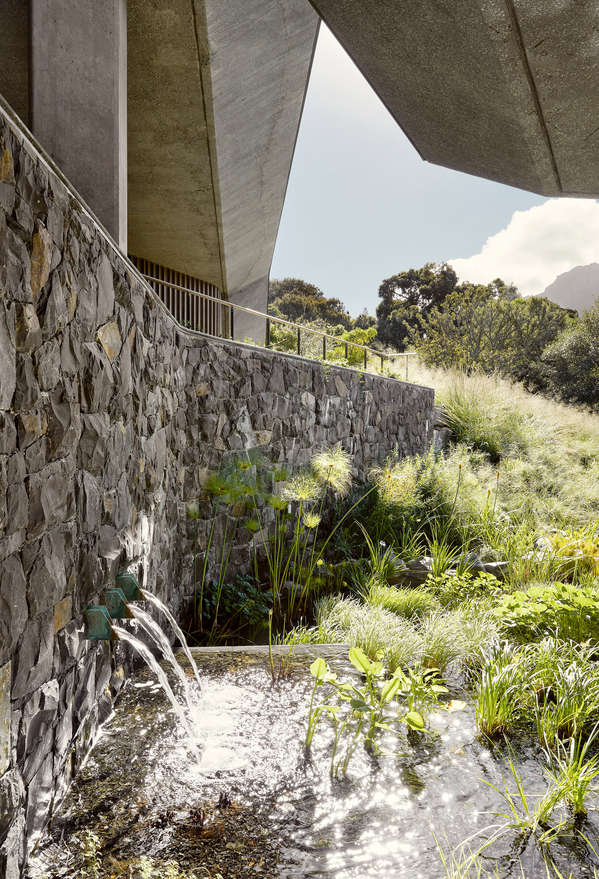 Constantia Estate 的地形陡峭，為了讓建築物能夠與自然地景和諧共存，建築師們在新建築的設計上，採用了低矮的建築形式，讓建築物彷彿嵌入山坡之中，減少對自然環境的衝擊