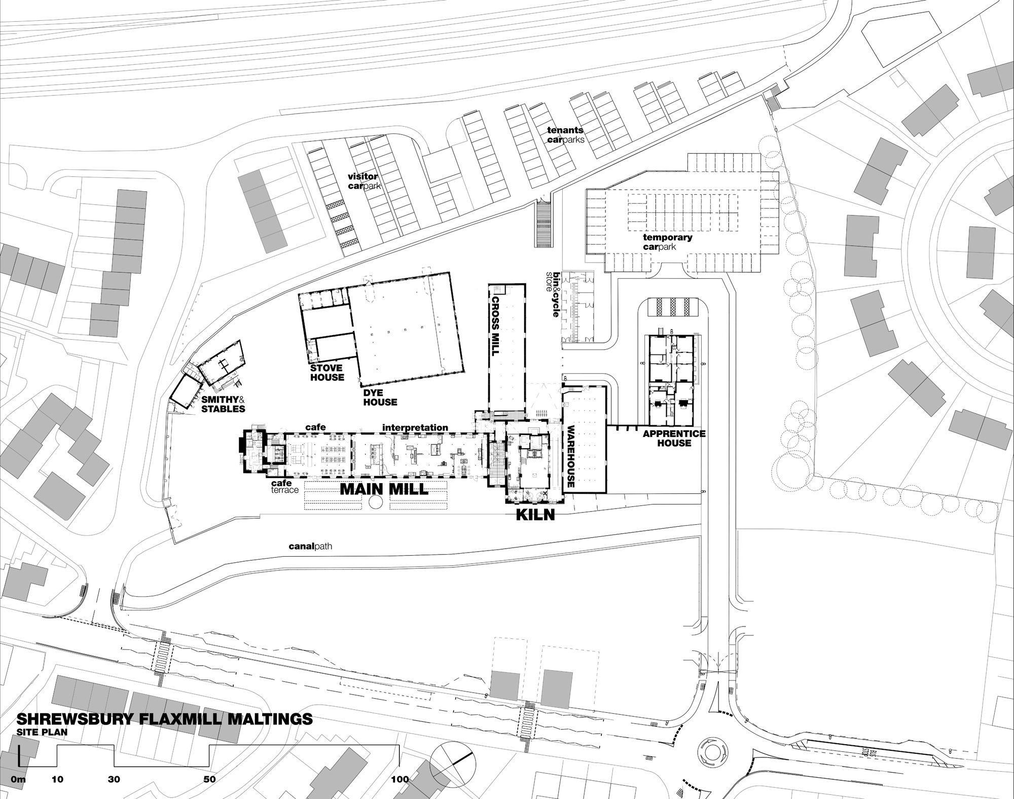 基地平面圖 Site Plan 英國一級古蹟修復Shrewsbury Flaxmill Maltings 舊建築再利用 Feilden Clegg Bradley Studios