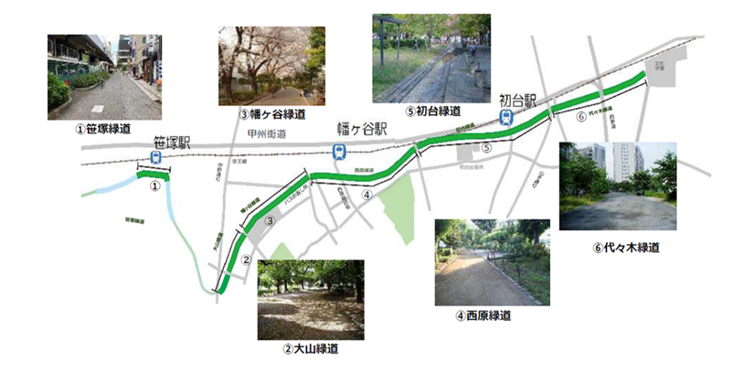 東京渋谷區隱藏著一條長達二點六公里的綠色廊道：玉川上水舊水路綠道。這條綠道，由笹塚綠道、大山綠道、幡谷綠道、西原綠道、初台綠道和代代木綠道六座公園串聯而成，猶如一條綠色絲帶，為這座繁忙的都市帶來了一片難得的寧靜與綠意