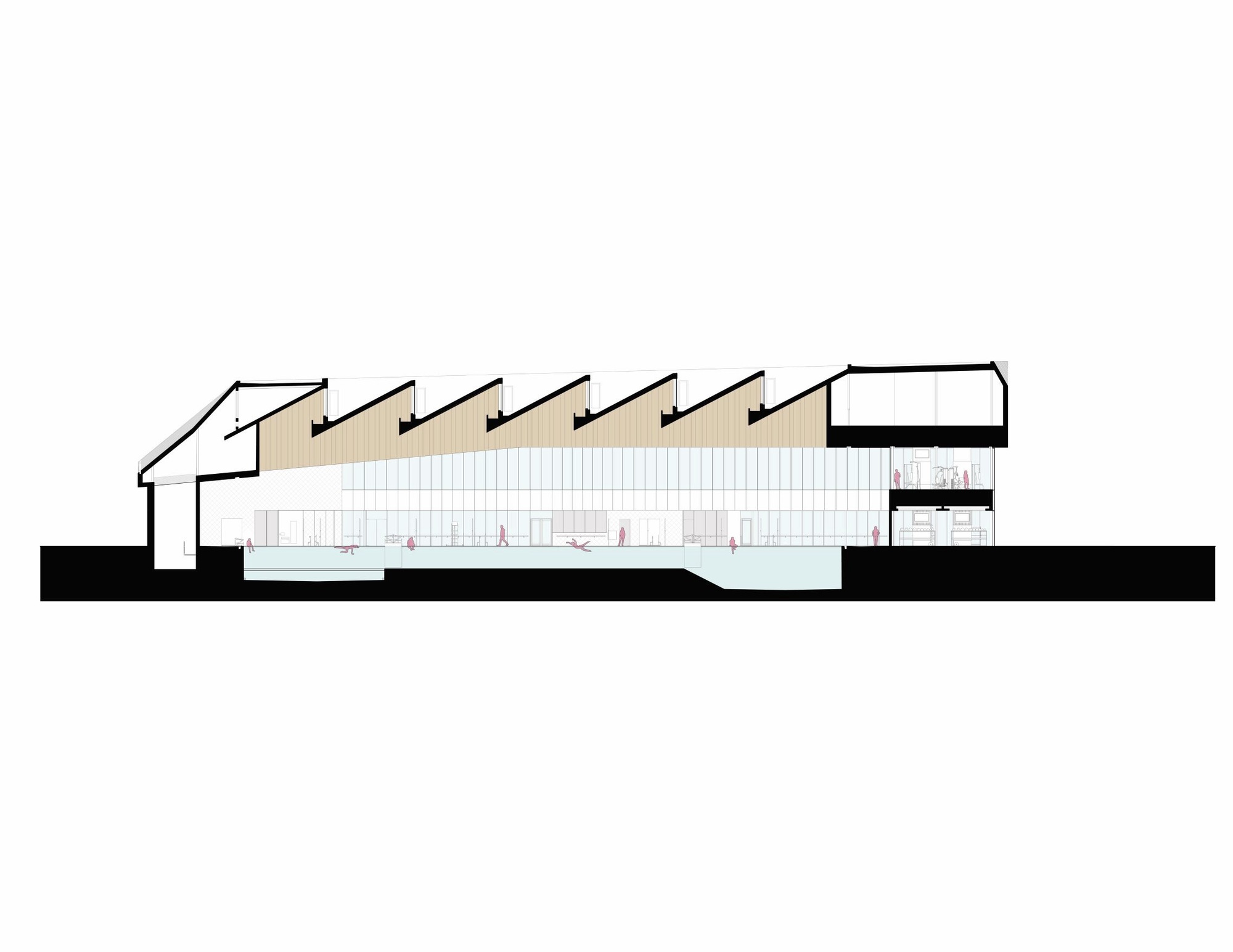 剖面圖 Section 加拿大təməsew̓txʷ水上運動中心暨社區中心 運動館 體育館 剖面圖 Section:顯示鋸齒形屋頂引入自然光,地面層為50米標準泳池及休憩區,上層包含健身及多功能空間,動線規劃流暢