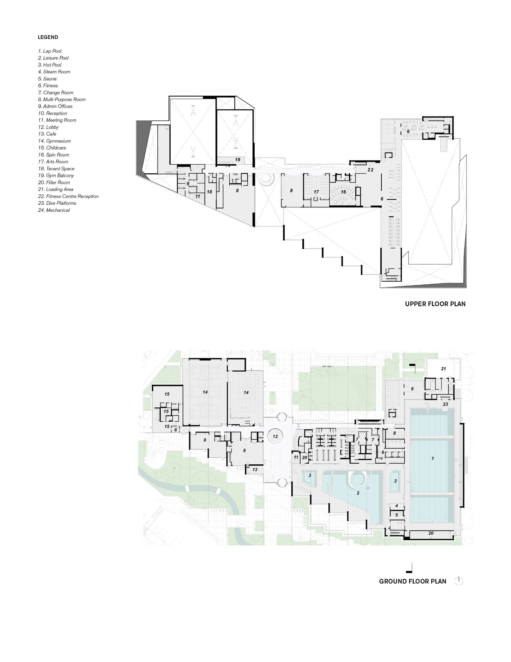 加拿大təməsew̓txʷ水上運動中心暨社區中心 平面圖 Plan:展示該中心多樣化的設施,包含泳池、健身區、體育館、多功能室、藝術教室及咖啡廳,搭配更衣室、會議室與行政空間,滿足運動、社交與文化需求,精心規劃的公共與專用區域提升社區活力與功能性