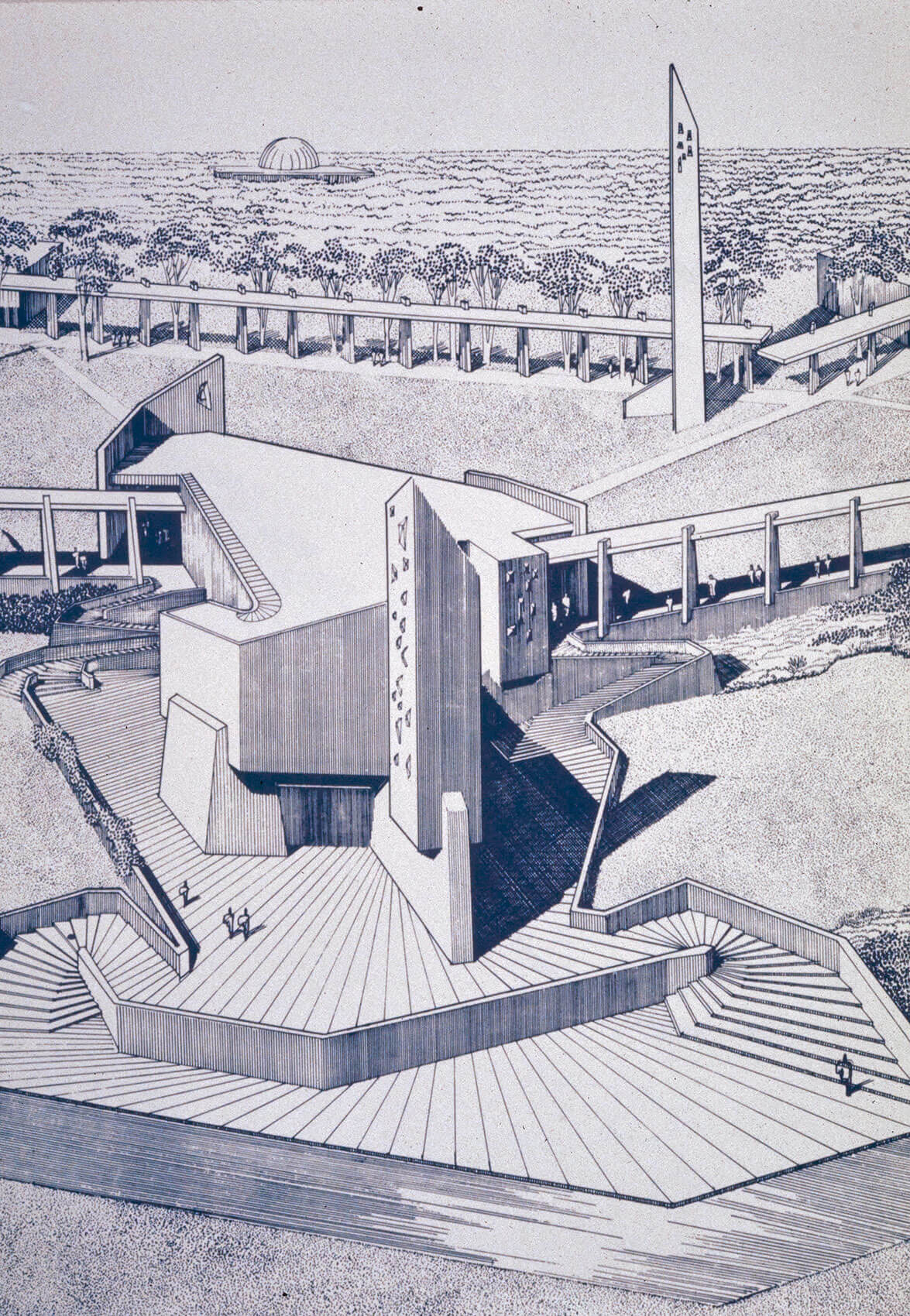 Original drawings, like this master plan perspective, will be on view. (Courtesy Yale Architecture Gallery) 原始設計圖:總體規劃透視圖,將在展覽中展示(Courtesy Yale Architecture Gallery)