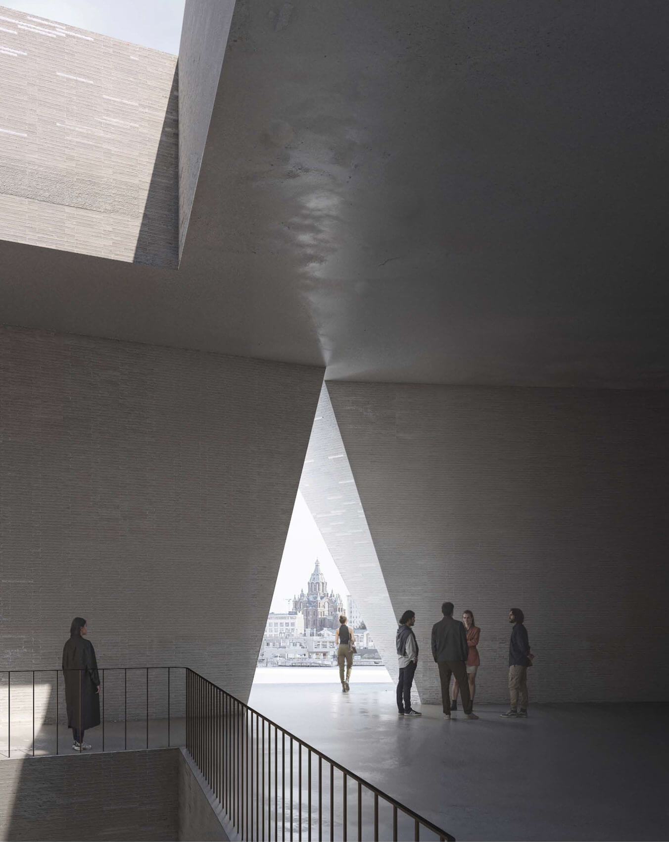 Interior view of proposal 351: Kumma, a competition entry with triangular-shaped opening