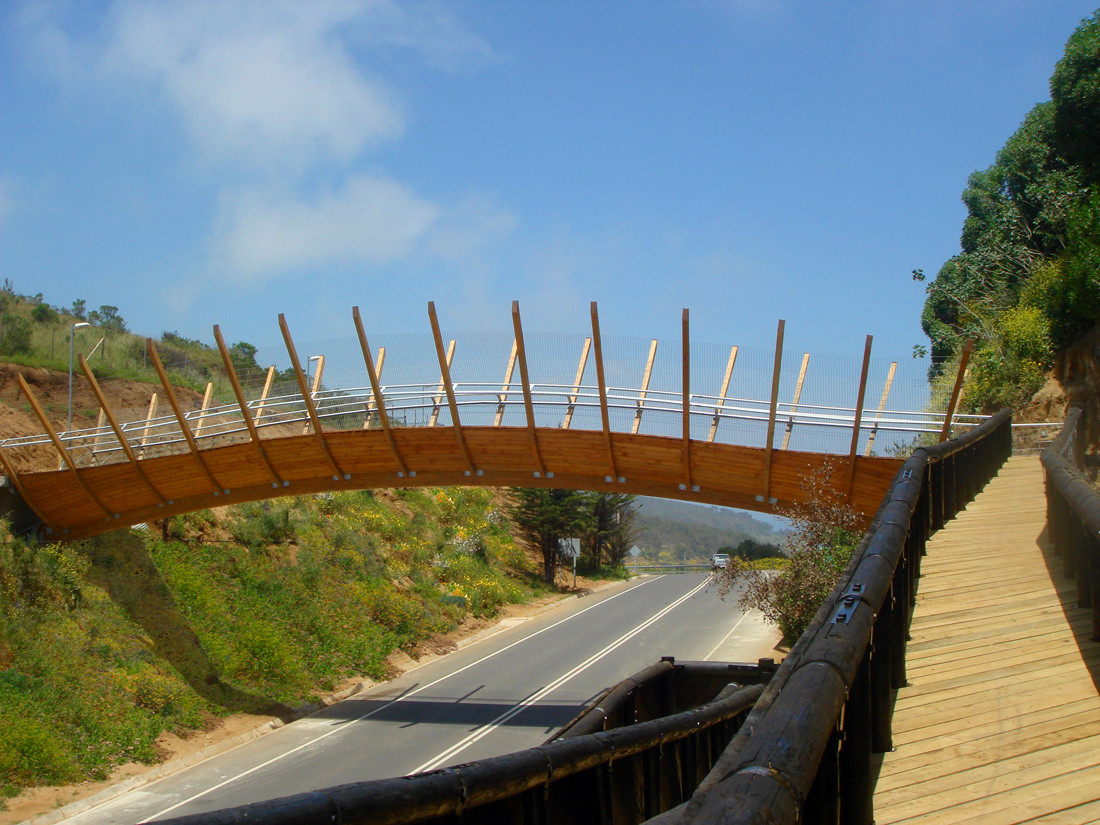 木造人行步橋 智利 Wood Pedestrian Bridge Zapallar Enrique Browne 木造人行步橋跨越智利「F30-E 公路」做為地方基礎設施的一部分