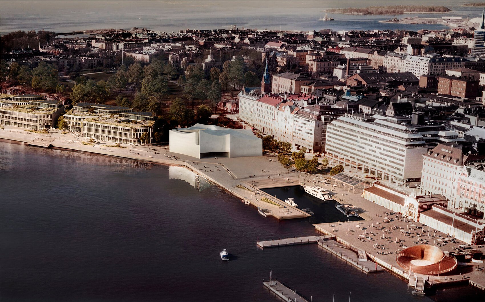 Aerial view of proposal 616: City Sky and Sea 提案編號616：「City, Sky and Sea」的斜俯視圖（圖片由芬蘭建築與設計博物館基金會提供）