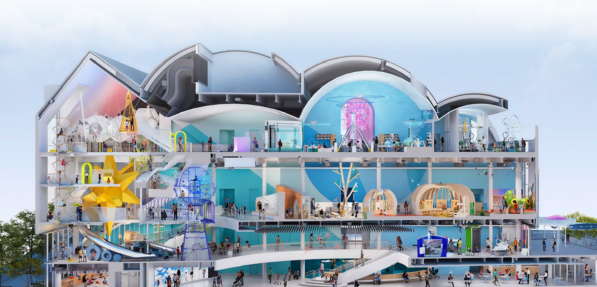 示意剖面圖：La Nube STEAM Discovery Center，凸顯多樣的孩童玩耍、遊戲、互動空間