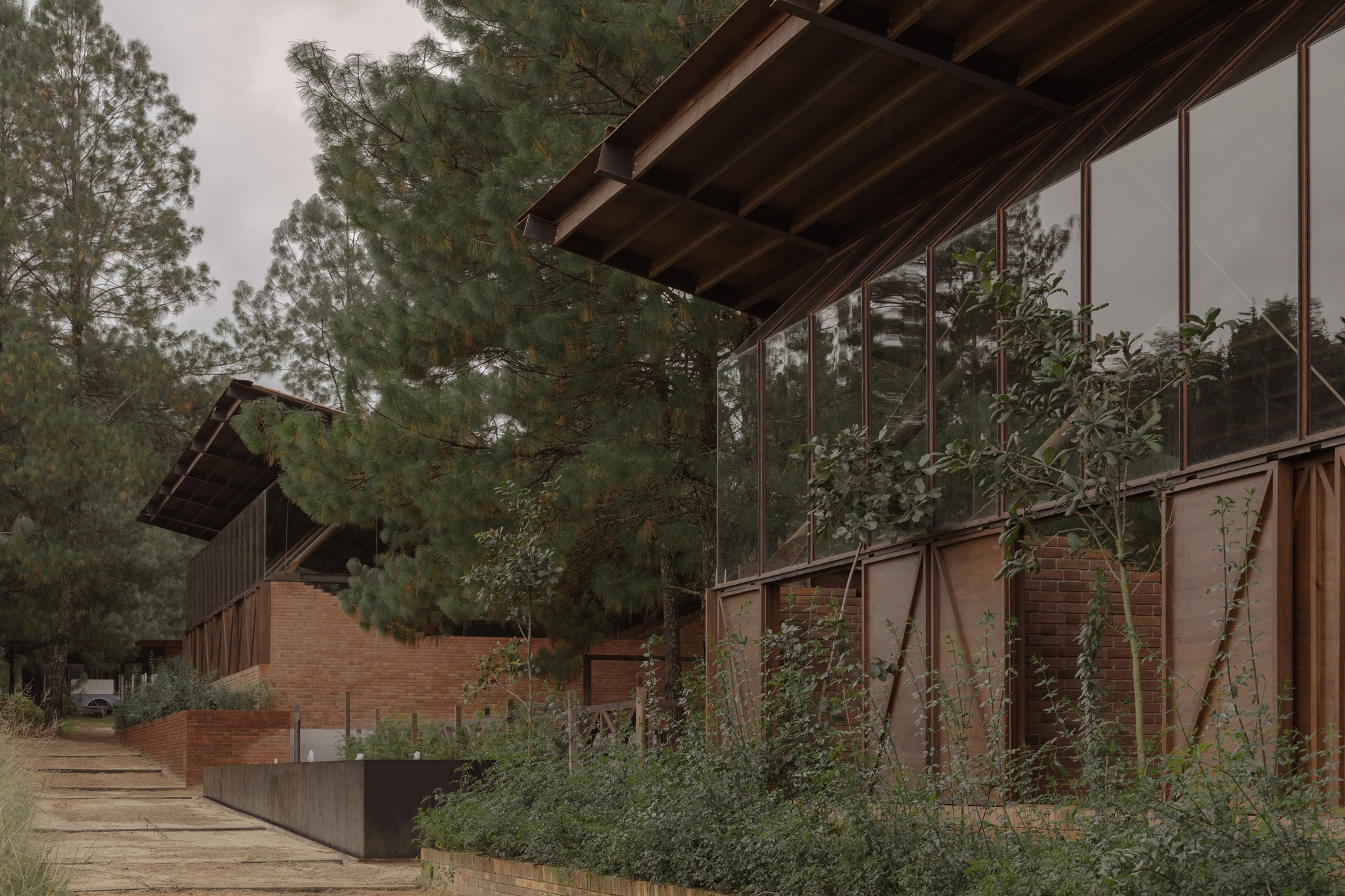 聖拉蒙馬廄 Equestrian San Ramón Módica Ledezma 墨西哥州 Valle de Bravo 森林 紅磚牆基座與耐候鋼框架塑造出沉穩的結構語彙。大面玻璃界定內外關係，使綠意映入室內，與馬匹活動的場域緊密相連