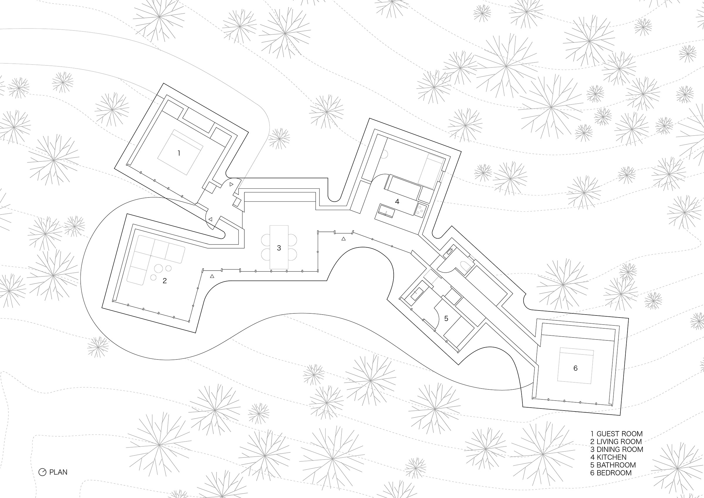 平面圖 Plan:顯示六座功能分區的小屋,分別包括客房、客廳、餐廳、廚房、浴室及臥室,透過曲線步道串聯。空間配置順應基地地形,避免大量土方工程並保留周圍自然植被。建築物之間的流動動線促進住戶間的互動,同時確保各區域具備獨立性