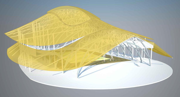 潘雅登體育與集會廳 (Panyaden Sports & Assembly Hall) 的等角透視圖。圖片提供：清邁生活建築師事務所 (Chiangmai Life Architects)。