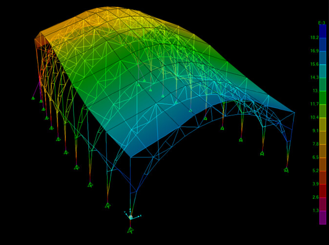 風載（Y方向）作用下未加設側撐的結構變形模型（變形數值單位：mm）。圖片來源：Bamboo Engineers／艾斯特班·莫拉萊斯（Esteban Morales）