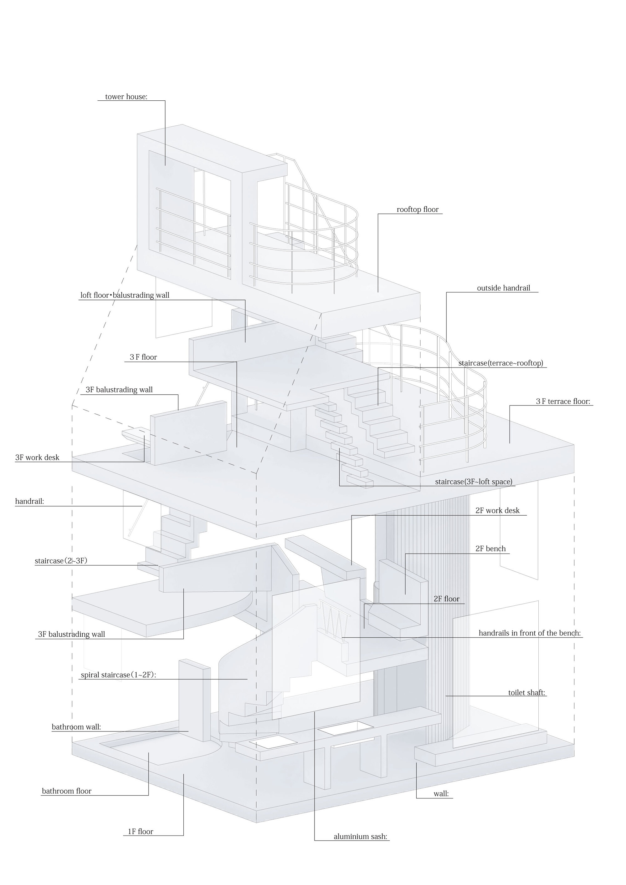 Nakano House Suzuko Yamada Architects 日本東京私人住宅 各樓層空間機能解析圖 Diagram 清水混凝土