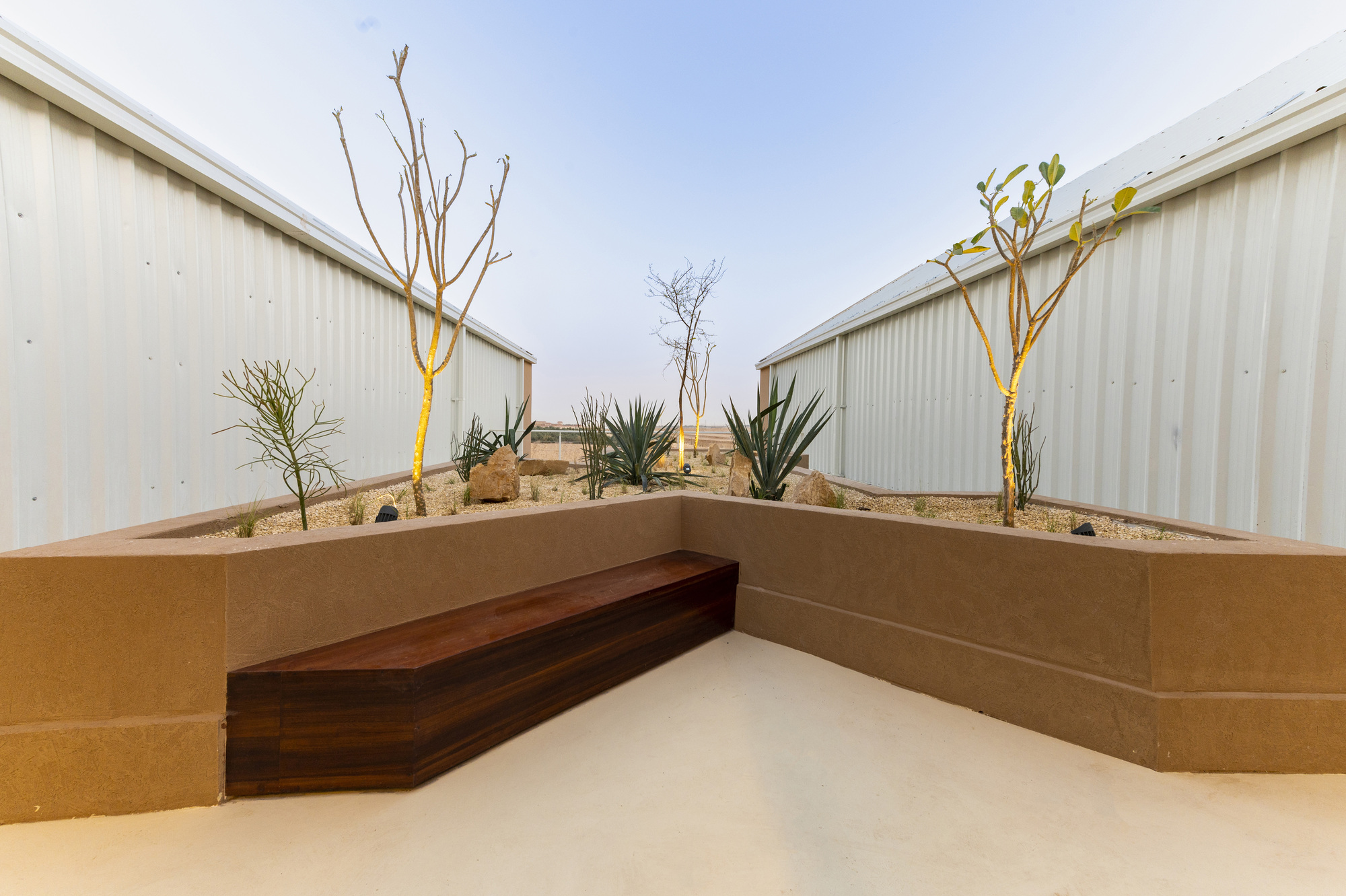 JAX-MOC Offices 辦公室 沙烏地阿拉伯 Diriyah Saudi Arabia 戶外景觀設計:一小片棕櫚樹林與雨水收集渠道相連,渠道穿越園區延伸至瓦迪,講述自然循環的故事。讓這座建築成為沙漠中的生態亮點