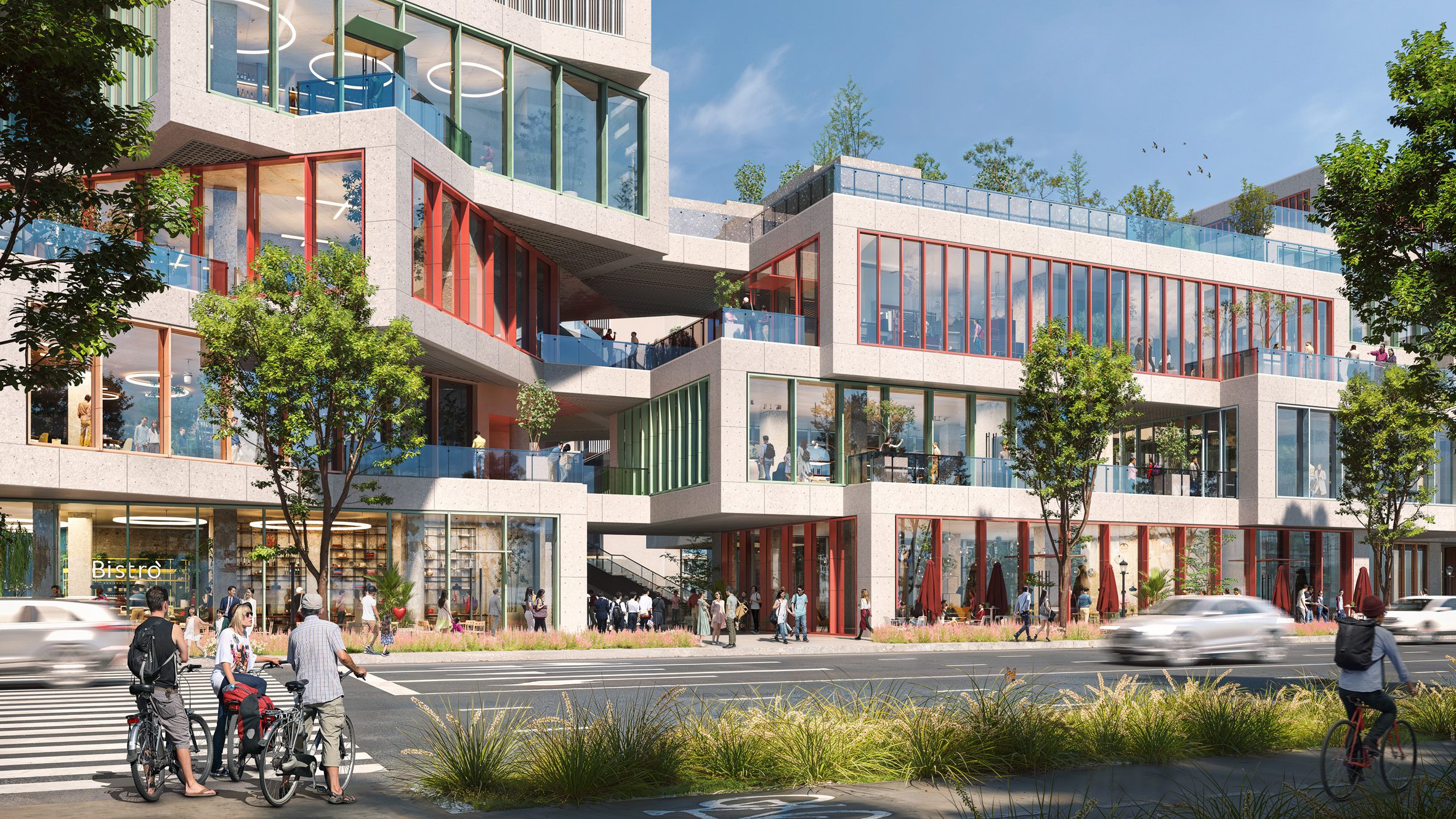 MVRDV 意圖打造一個融入自然的商業空間，以通透的形式串聯城市與自然，靈感來自成都這座公園城市裡四處可見的亭台樓閣。「漫汀 Creek」由兩個主要元素組成，地塊西端是一座高 99.9 米的塔樓，共 19 層，其餘部分則是一組四層高的商業建築