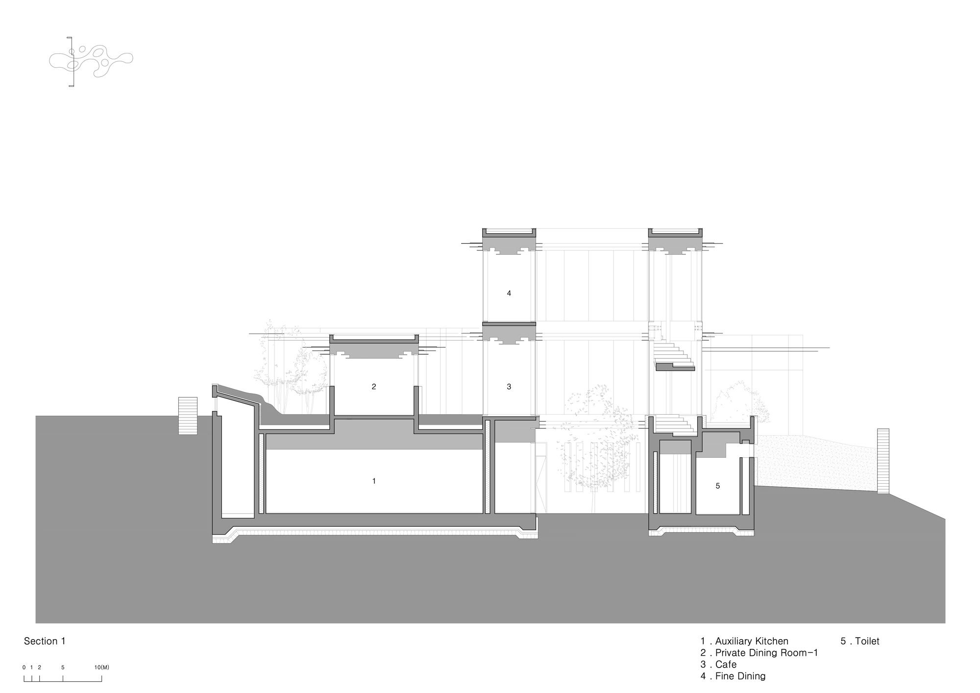 剖面圖 Section 韓國複合文化空間蔚山市蔚州郡「MIGIUI」Architect-K