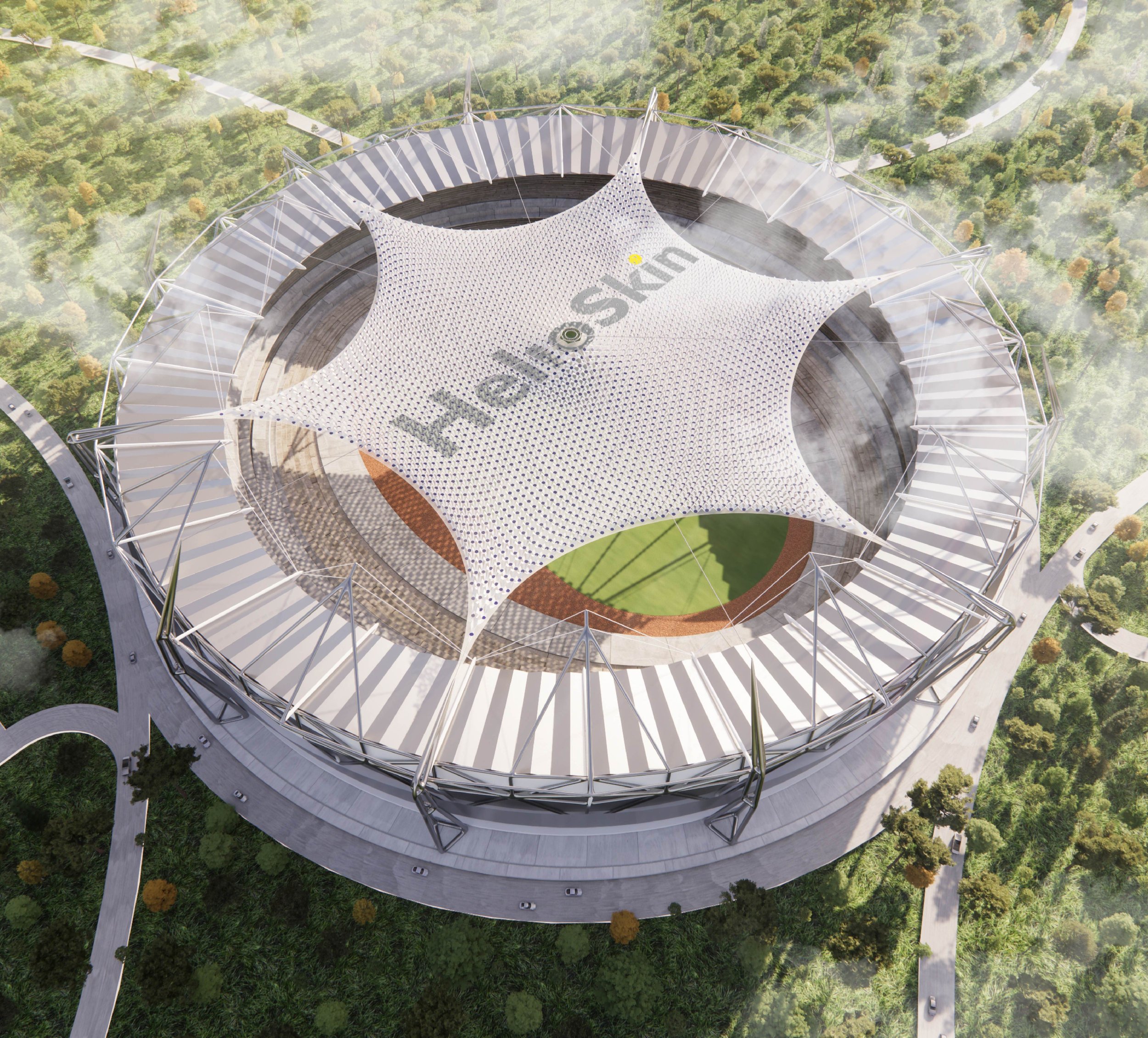 模擬圖:「HelioSkin」在實際應用場景中呈現為一種白色的格子狀材料,能夠被拉伸在體育場館屋頂上方,或者沿著公園小徑上方的帳篷桿之間展開