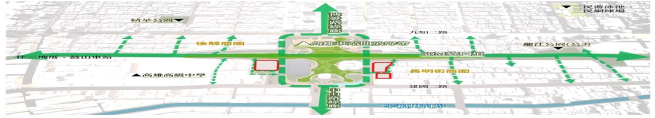高雄車站更新地區與周邊綠廊連接示意圖

資料來源:高雄市政府，2024。