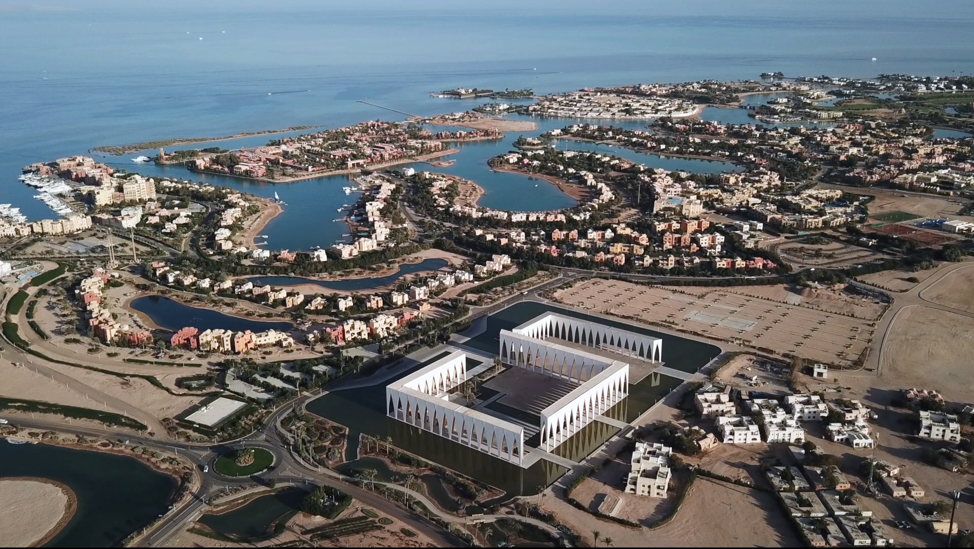 Orascom Development Egypt Studio Seilern Architects 埃及 Egypt Festival Plaza El Gouna 廣場坐落於一片人造潟湖之內,標誌著規模更宏大的艾爾古納會議文化中心(Gouna Conference and Culture Centre)第一階段建設完成。艾爾古納位居紅海沿岸,交通便捷。