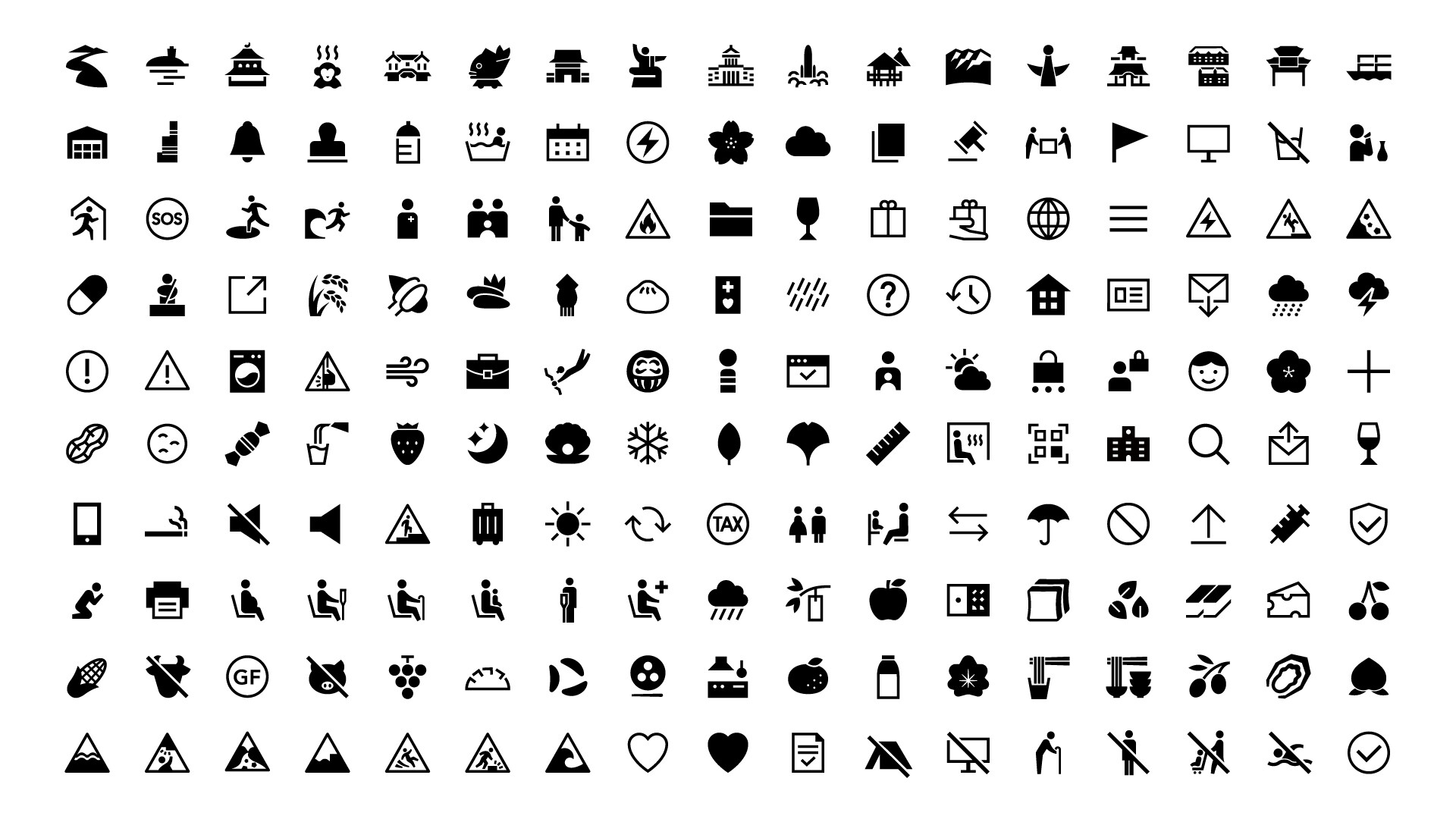 一套涵蓋自然、警示、食物到公共服務的圖像符號系統，被整齊地羅列成陣列。儘管每個符號指涉的物件南轅北轍，但透過嚴格統一的線條粗細、圓角規格與視覺密度，使整組設計呈現出高度的秩序感