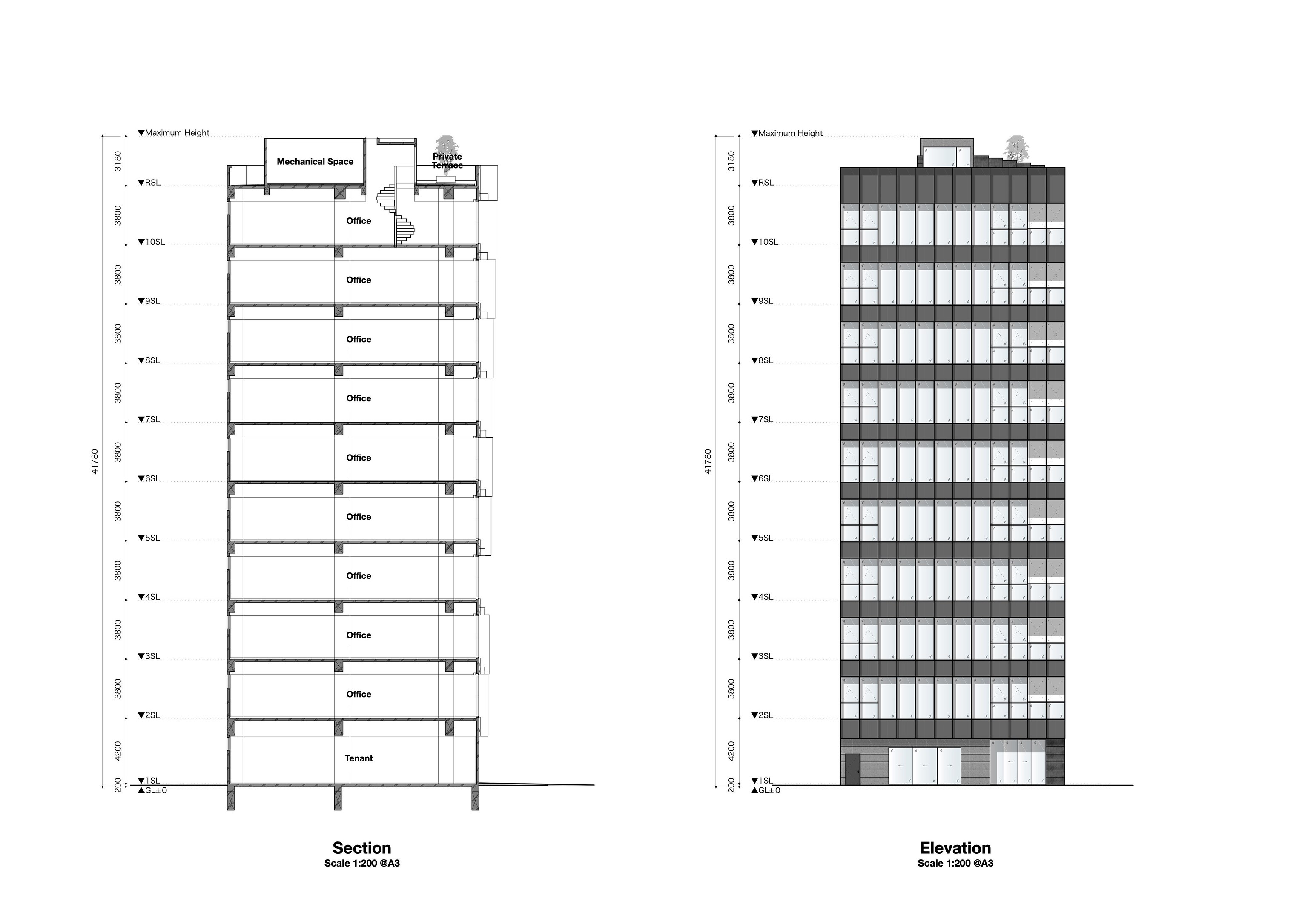 迫慶一郎 Keiichiro Sako SAKO建築設計工場 SAKO Architects 福岡 VECTORS in Fukuoka 辦公大樓 剖面圖、立面圖