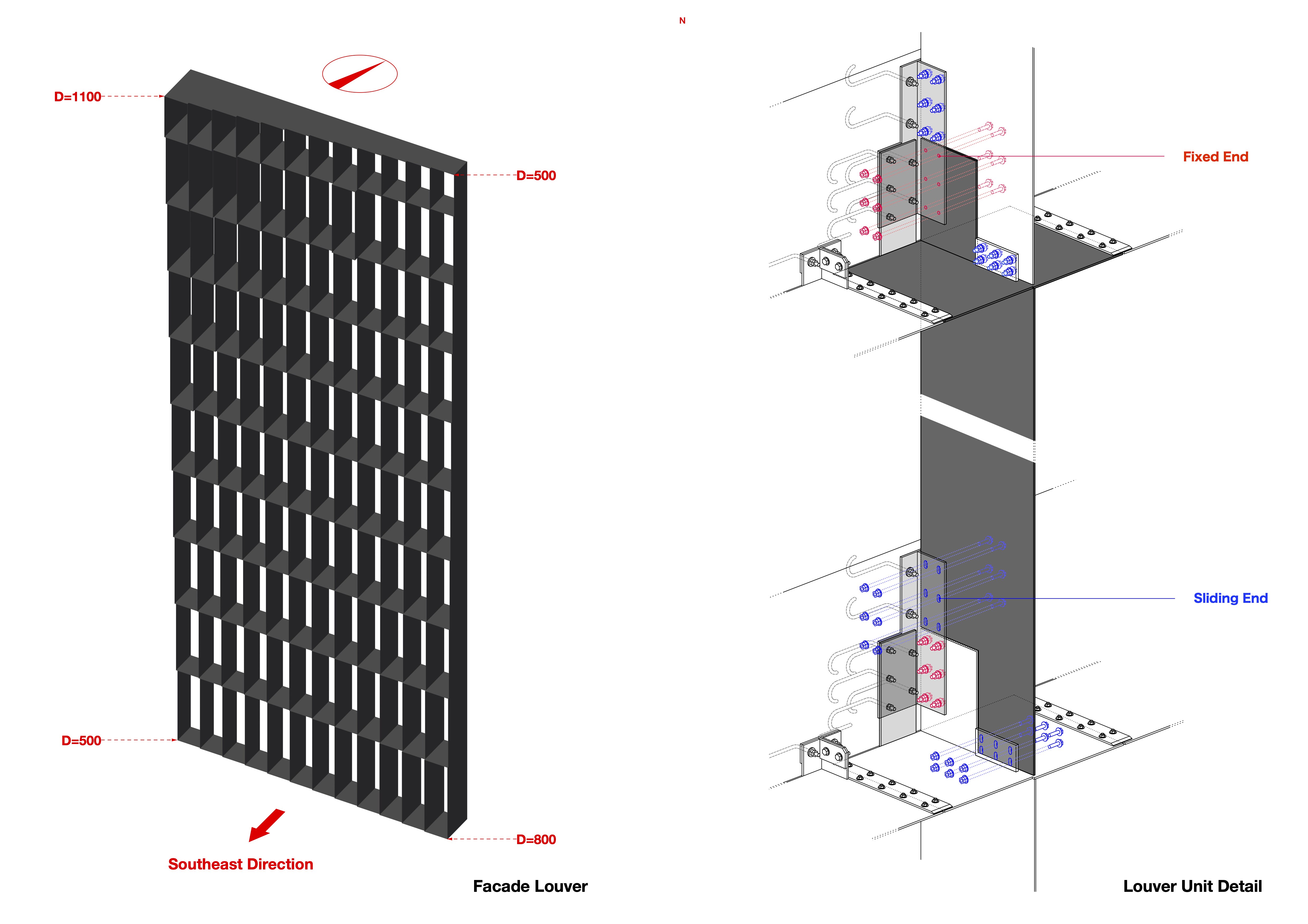 立面格柵細部：格柵系統以參數化邏輯精準配置，對應東南向日照與視線走廊，深度自500至1100毫米不等。細部節點採滑動端與固定端配置，確保鋼構熱脹冷縮時的結構穩定與組裝效率