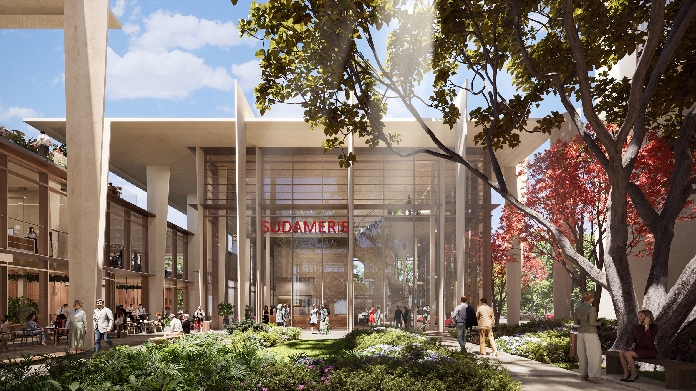 Foster + Partners 以一連串矩形混凝土框架包裹玻璃中心核心，框架在底層稍向內收，向上逐漸張開至塔頂，強調建築材料與結構工程技術