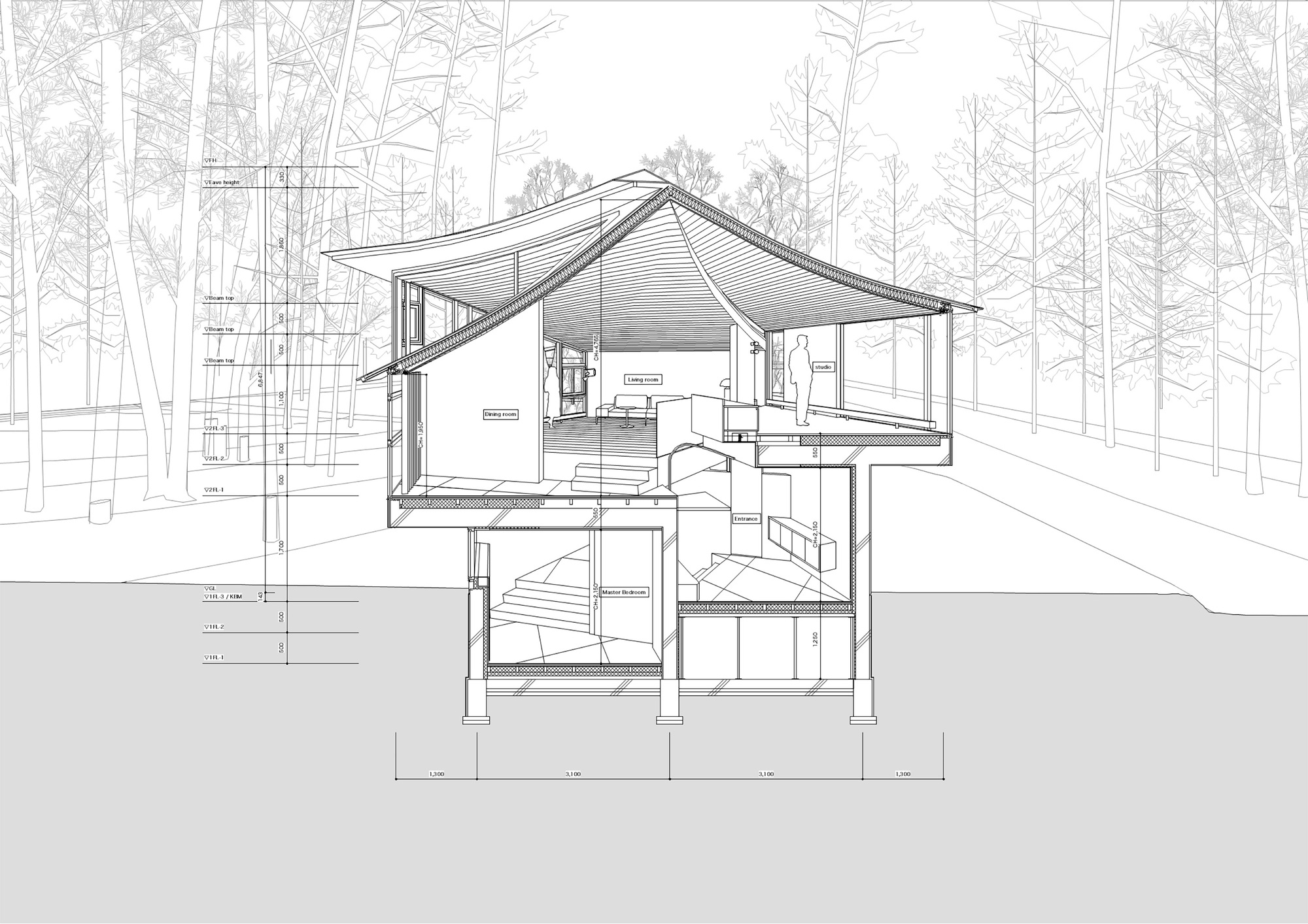 Cell Space Architects 日本輕井澤 Karuizawa 別墅 Kokeniwa House 剖面圖 SECTION