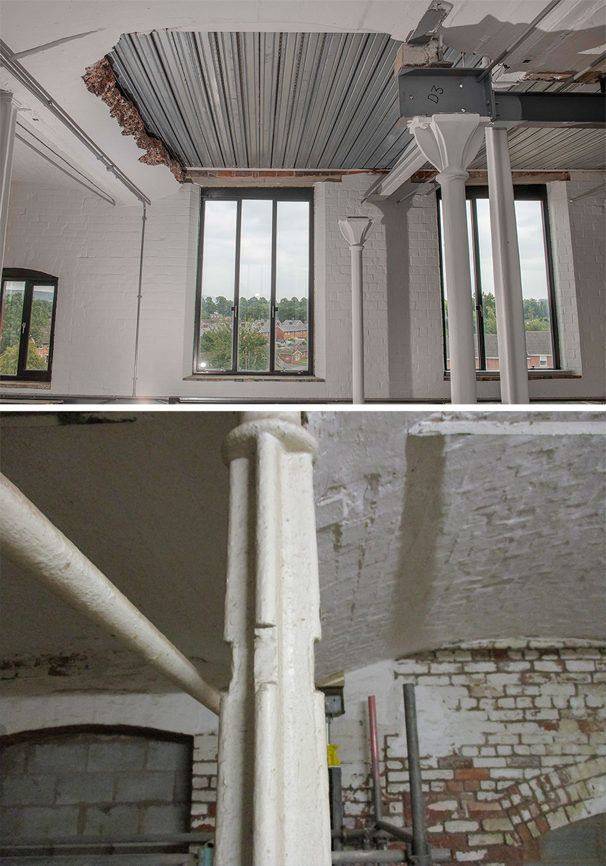 為了恢復橫隔板作用 (diaphragm action)，設計團隊使用鋪設在金屬底承板 (metal decking) 上的鋼筋混凝土 (reinforced concrete)，填充了既有的浸泡槽 (steeping tank) 孔洞 (voids)，見上圖。許多的鑄鐵柱 (cast-iron columns) 被切出缺口 (notched) 並且受到了損壞，削弱了承載能力 (load-carrying capacity)，見下圖。（照片由 AKT II 提供）